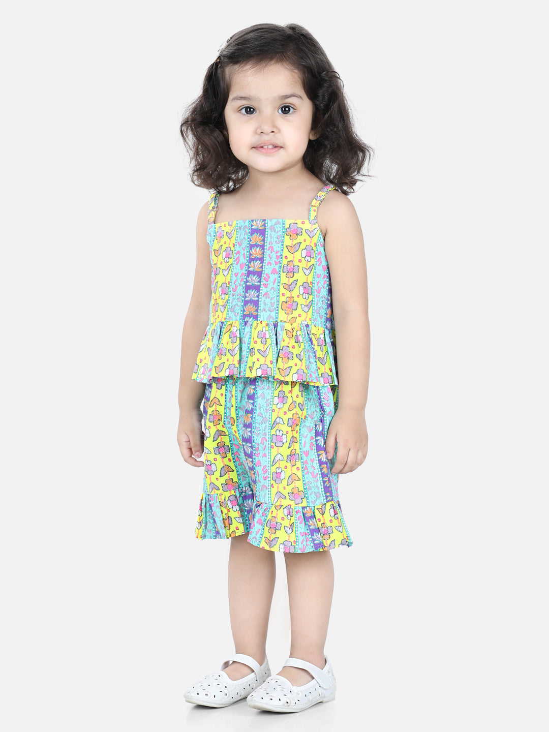 Spaghetti Cotton Top with Shorts for Girls Co Ords - Yellow NOZ2TOZ - Made In INDIA.