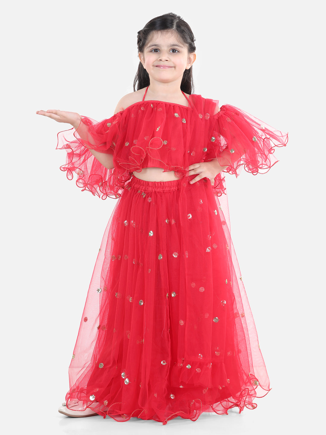 Sequin Net Lehenga with Ruffle Choli with Dupatta- Red NOZ2TOZ - Made In INDIA.