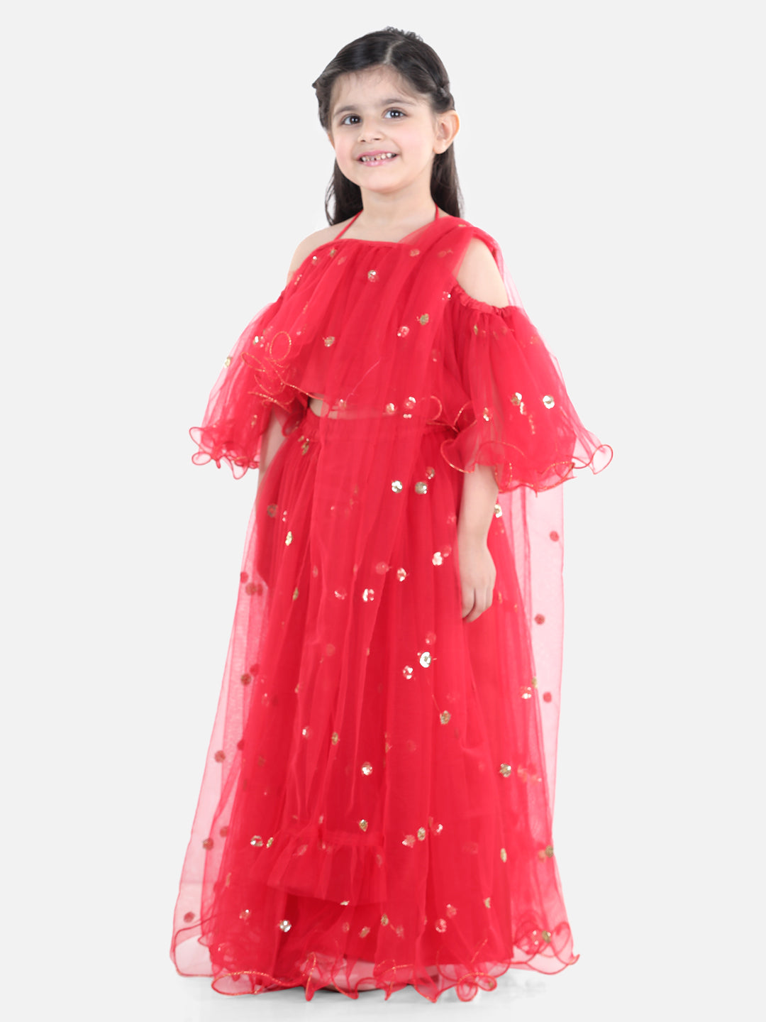 Ethnic Festive Wear Sequin Net Lehenga with Ruffle Choli with Dupatta- Red NOZ2TOZ - Made In INDIA.