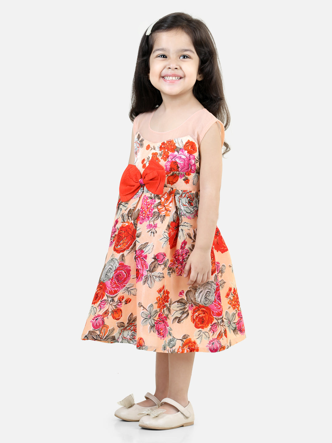 Round Neck Floral Print Party Frock and Dresses Orange NOZ2TOZ - Made In INDIA.