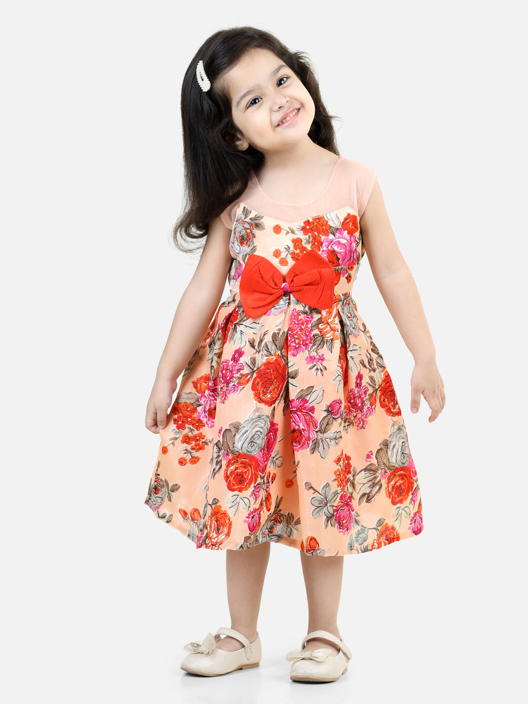Round Neck Floral Print Party Frock and Dresses Orange NOZ2TOZ - Made In INDIA.
