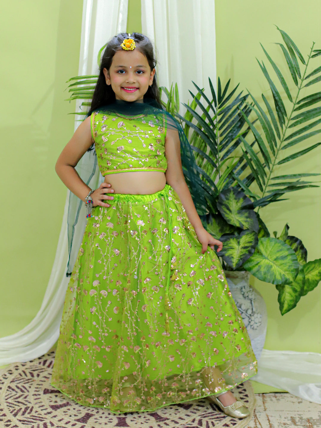 Tejam Baby Girls Taffeta Silk Embroidered Printed Readymade Lehenga Choli  For kids (3-4 Years, Green) : Amazon.in: Fashion