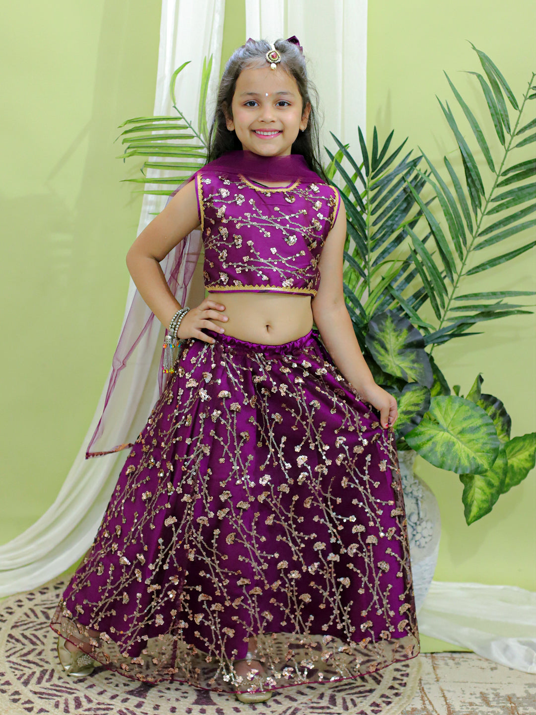 Girls Ethnic Festive and Wedding Wear Sequin Party Lehenga Choli With Dupatta for - Wine NOZ2TOZ - Made In INDIA.