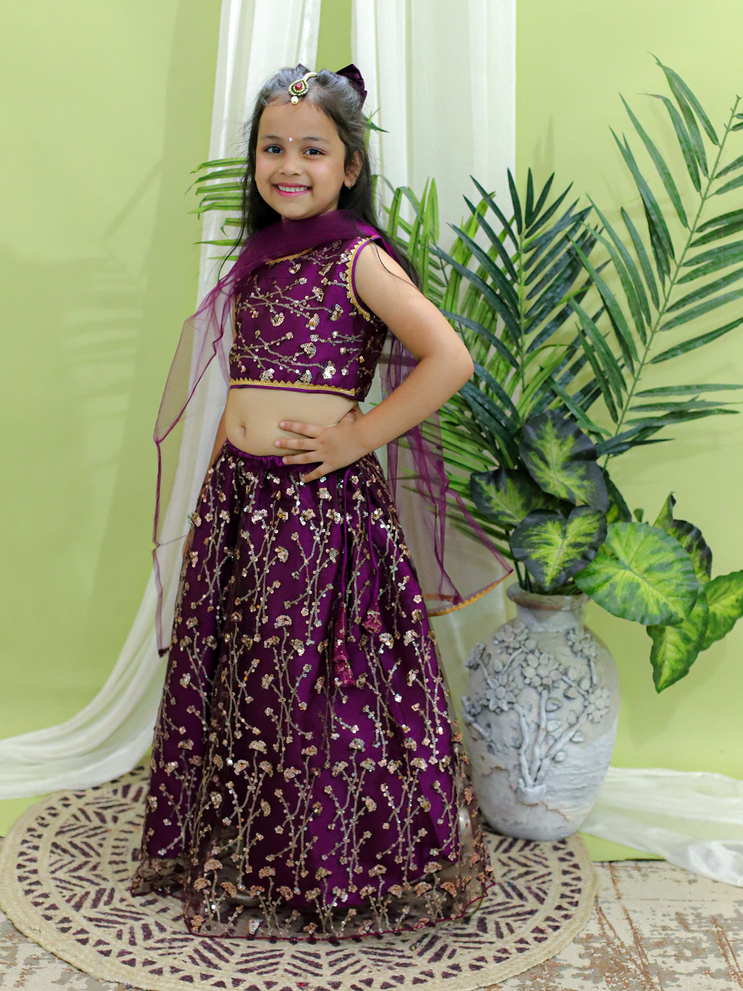Girls Ethnic Festive and Wedding Wear Sequin Party Lehenga Choli With Dupatta for - Wine NOZ2TOZ - Made In INDIA.