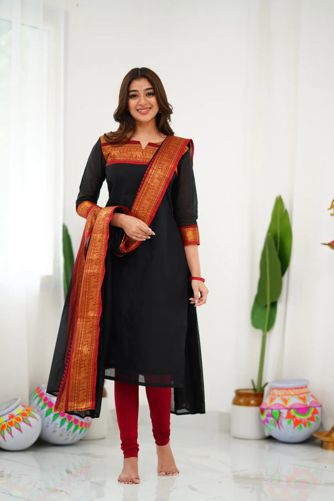 Women Party Wear Cotton Kurta With Pant And Duppata Set