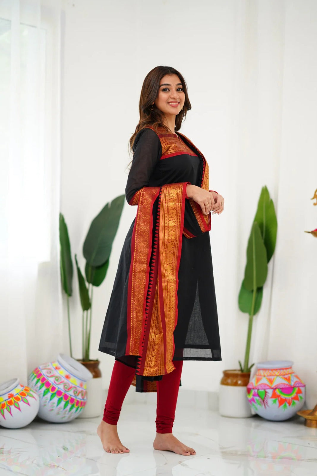 Women Party Wear Cotton Kurta With Pant And Duppata Set