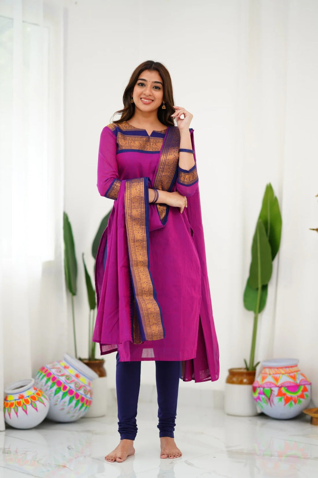 Women Party Wear Cotton Kurta With Pant And Duppata Set