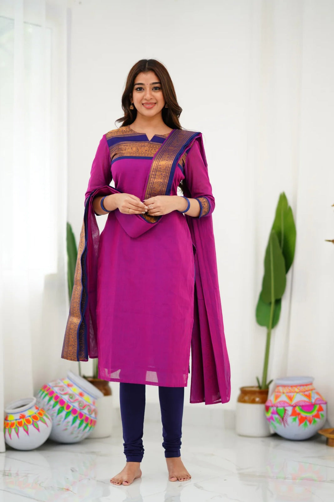 Women Party Wear Cotton Kurta With Pant And Duppata Set