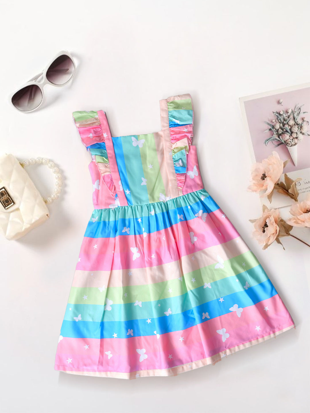 Rayon Dress With Ruffle Sleeves & Waist Tie