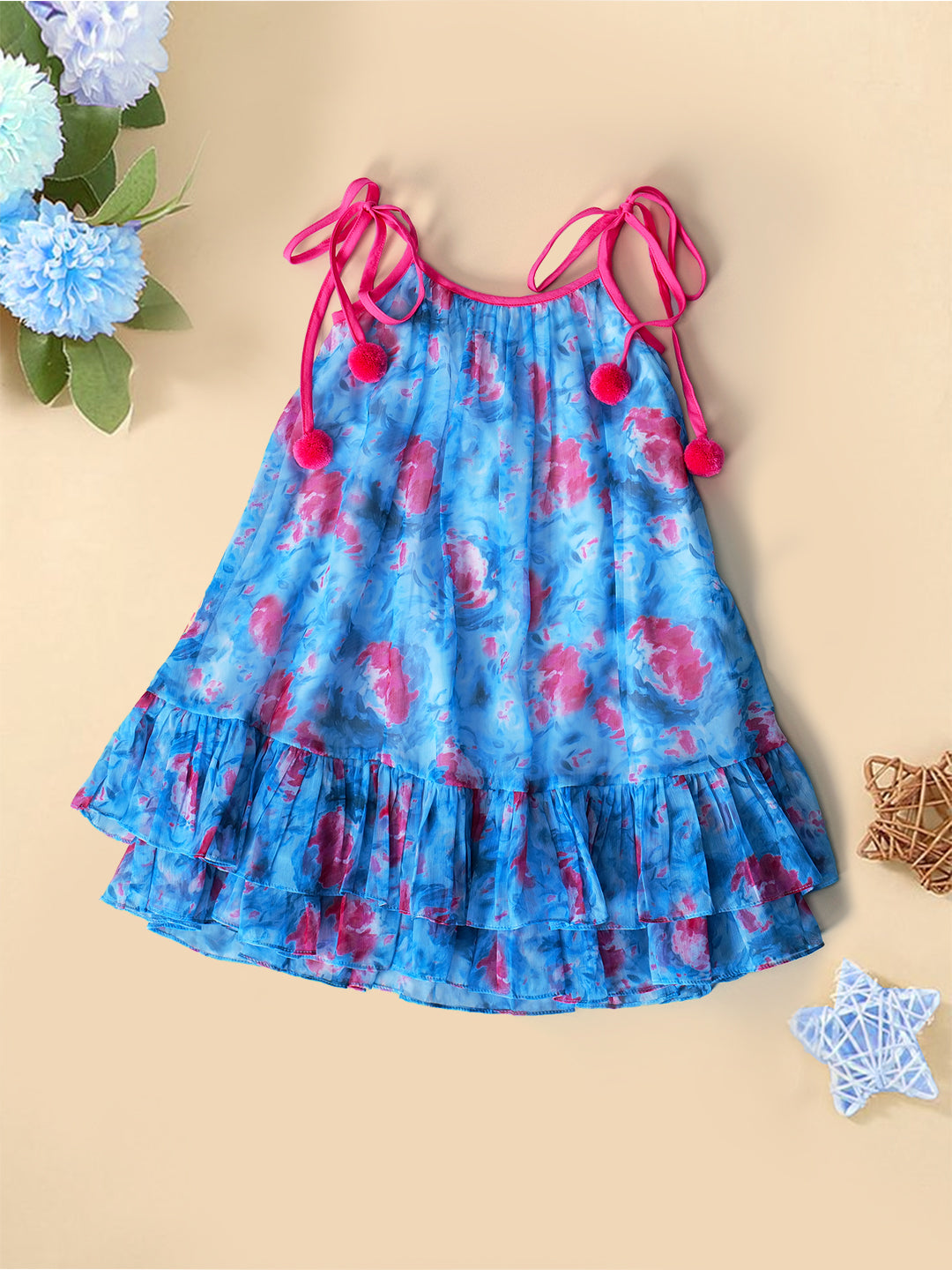 Blue Georgette Dress With Ruffle Hem