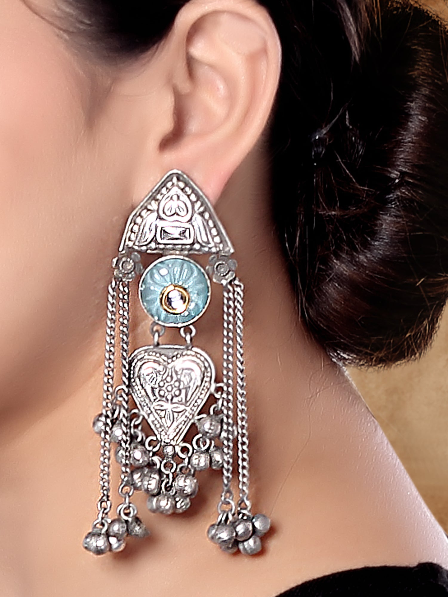 18K Silver Oxidised Traditional Stone Studded Chandbali Earrings for Women