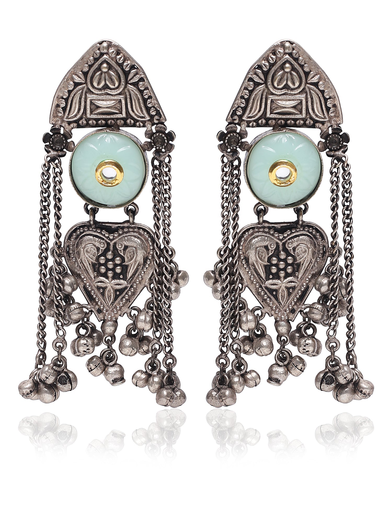 18K Silver Oxidised Traditional Stone Studded Chandbali Earrings for Women