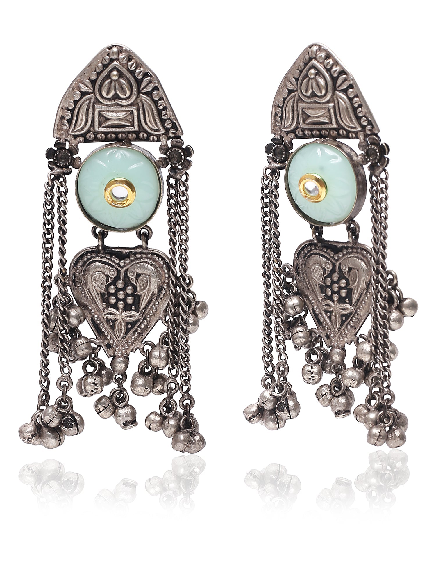 18K Silver Oxidised Traditional Stone Studded Chandbali Earrings for Women