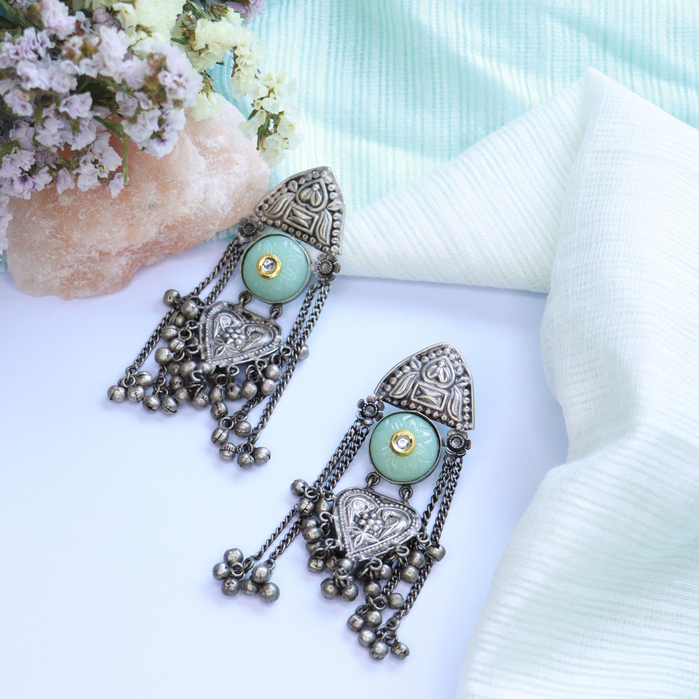 18K Silver Oxidised Traditional Stone Studded Chandbali Earrings for Women
