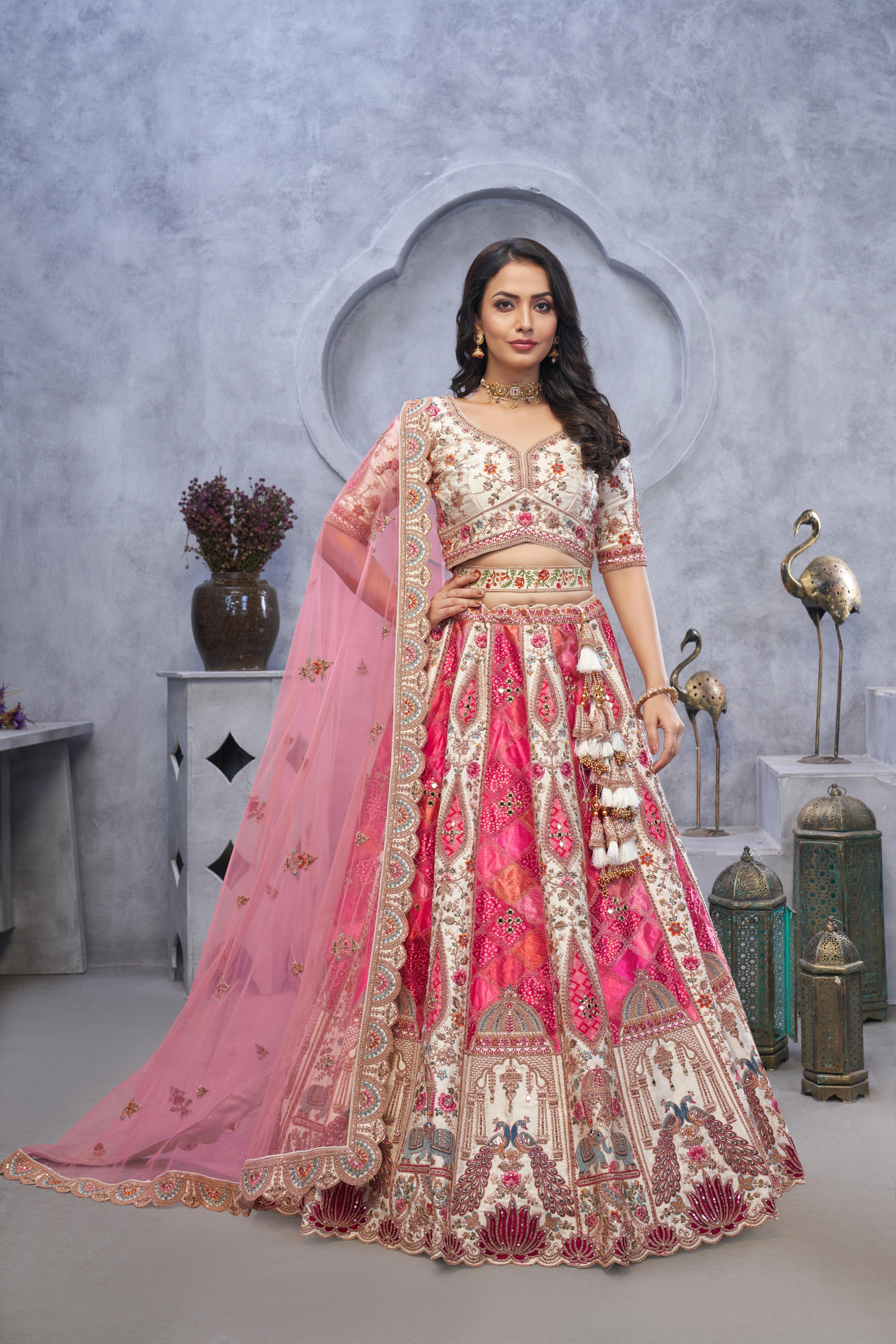 Women Bridal Lehenga With Temple Motifs, Peacock Designs & Bandhej Jacquard Patches