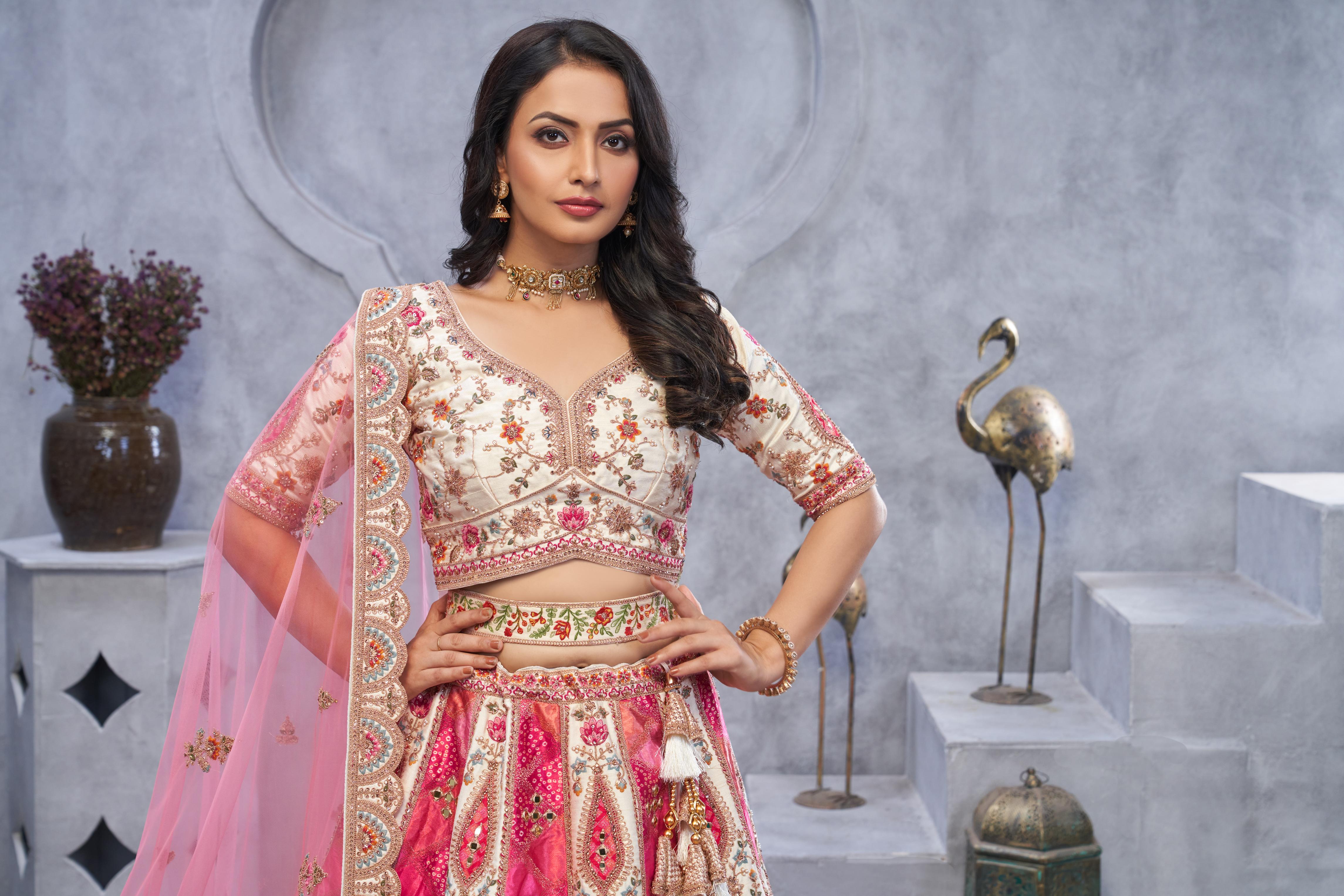 Women Bridal Lehenga With Temple Motifs, Peacock Designs & Bandhej Jacquard Patches