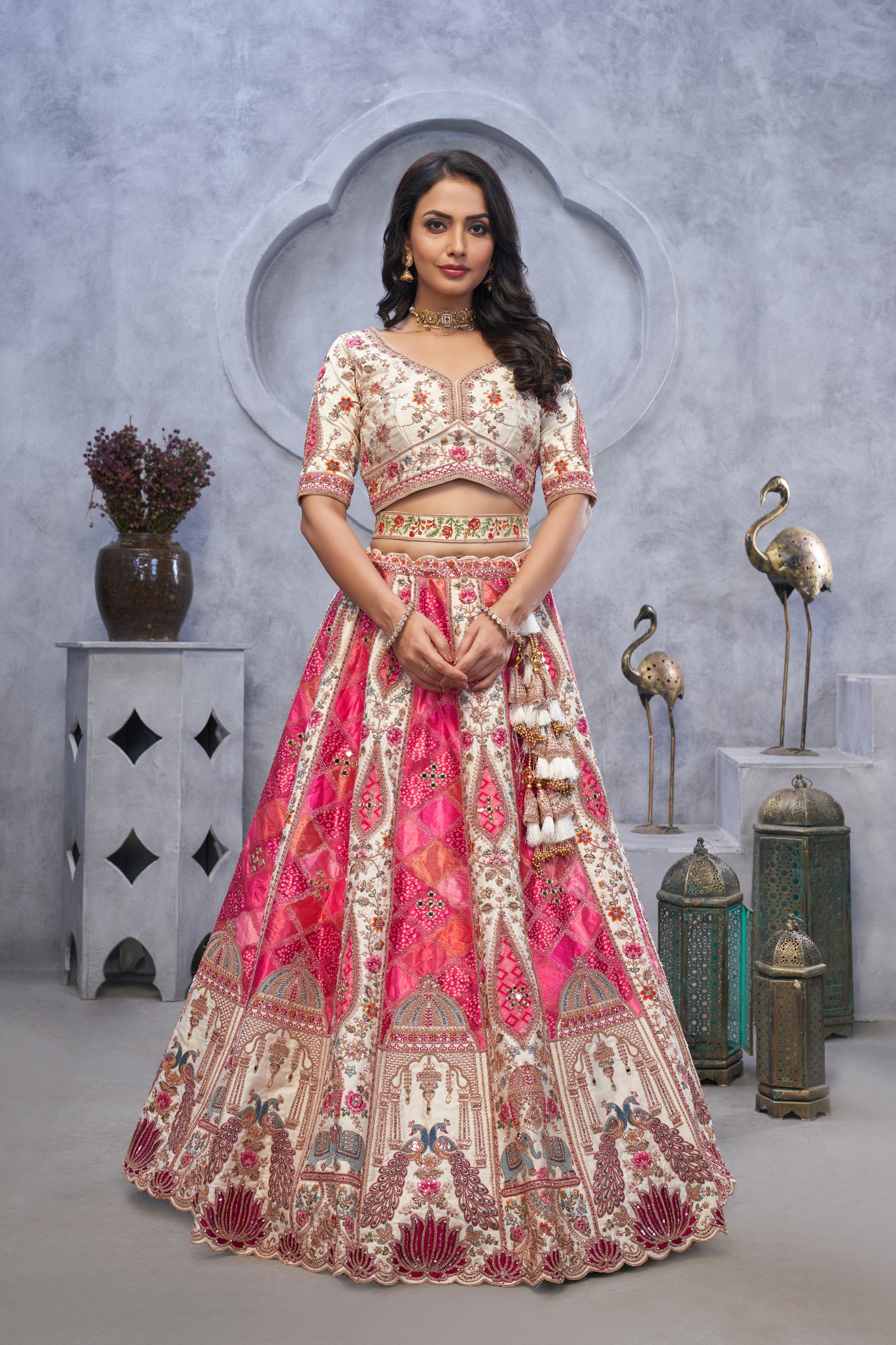 Women Bridal Lehenga With Temple Motifs, Peacock Designs & Bandhej Jacquard Patches
