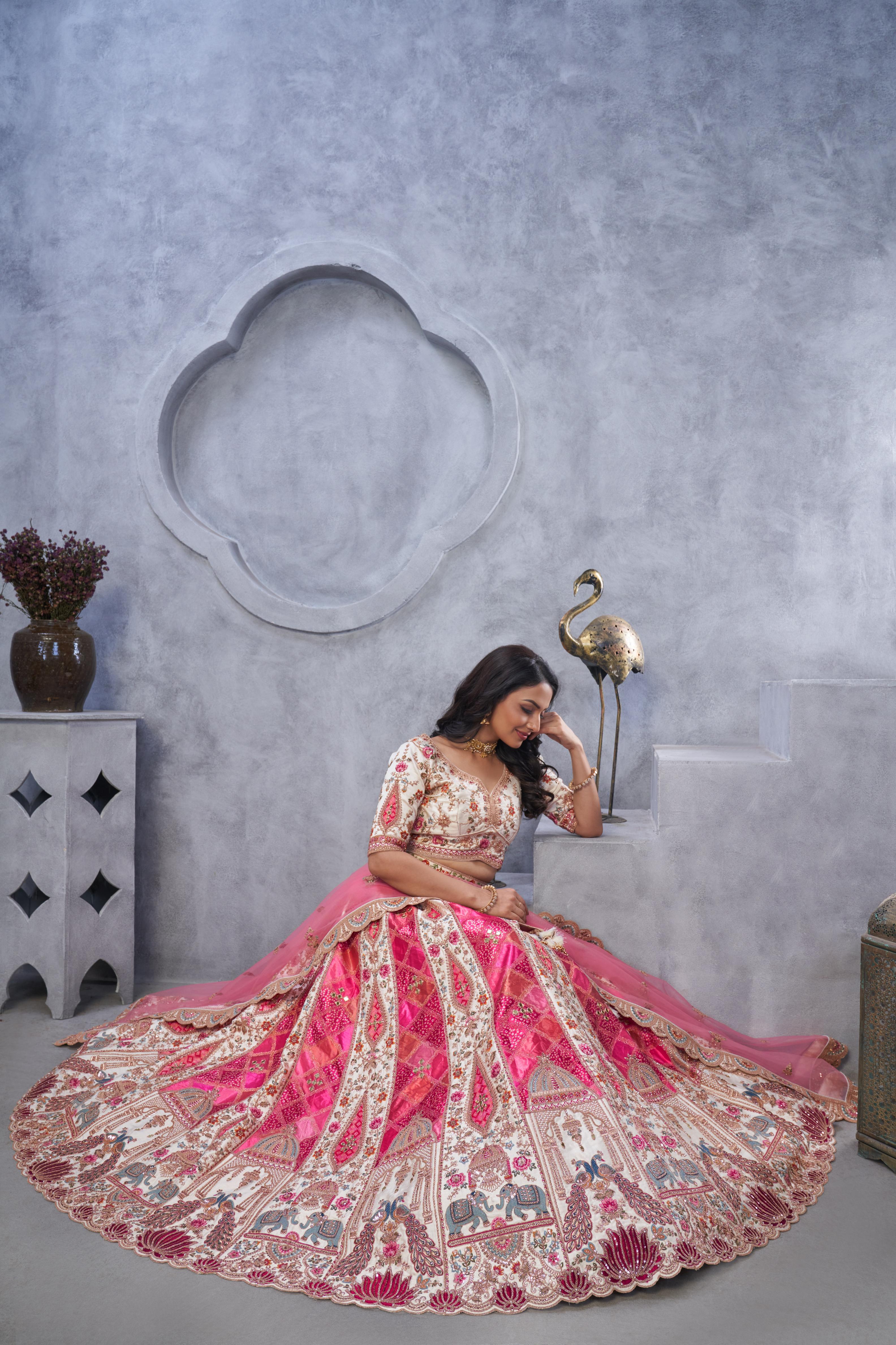 Women Bridal Lehenga With Temple Motifs, Peacock Designs & Bandhej Jacquard Patches