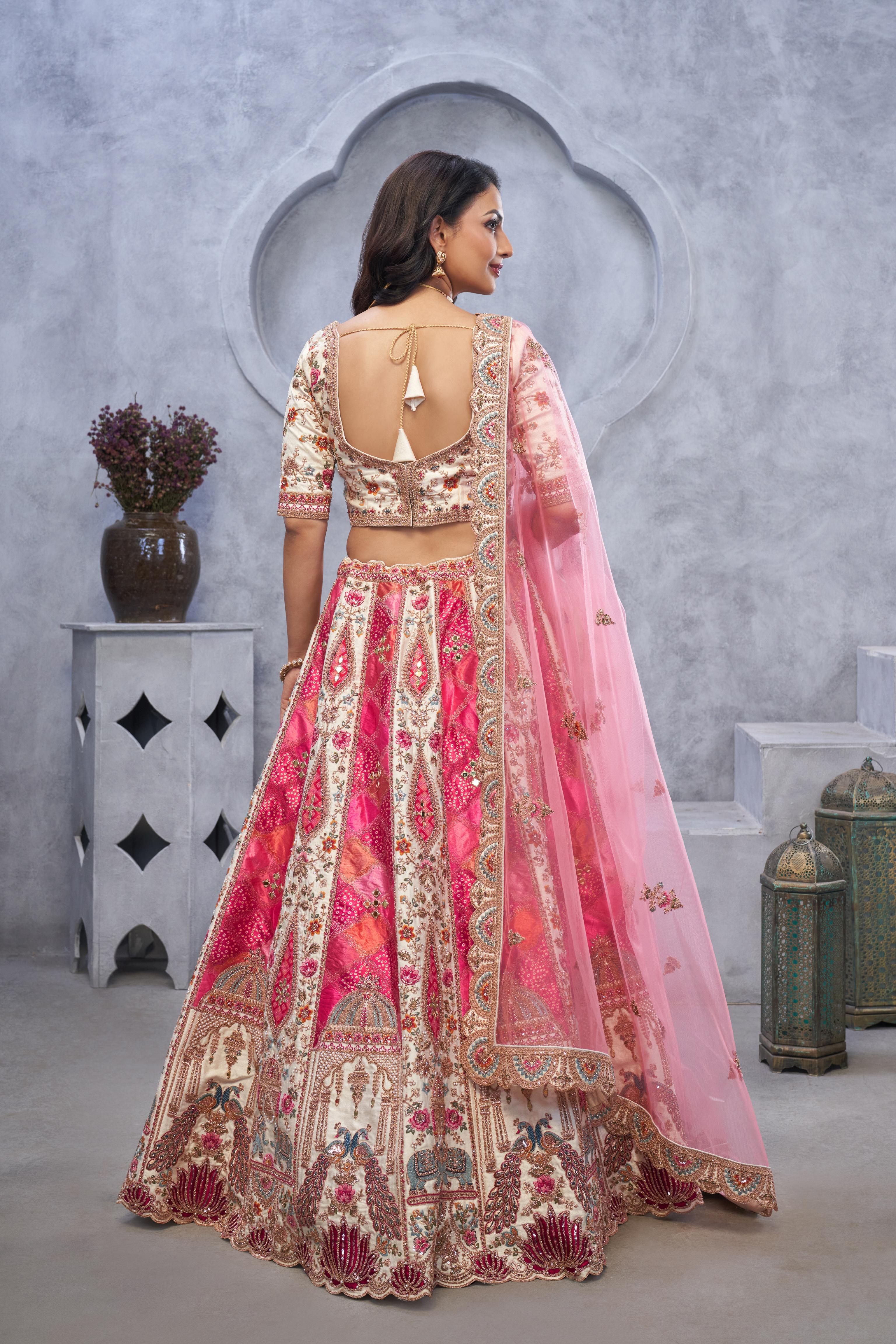 Women Bridal Lehenga With Temple Motifs, Peacock Designs & Bandhej Jacquard Patches