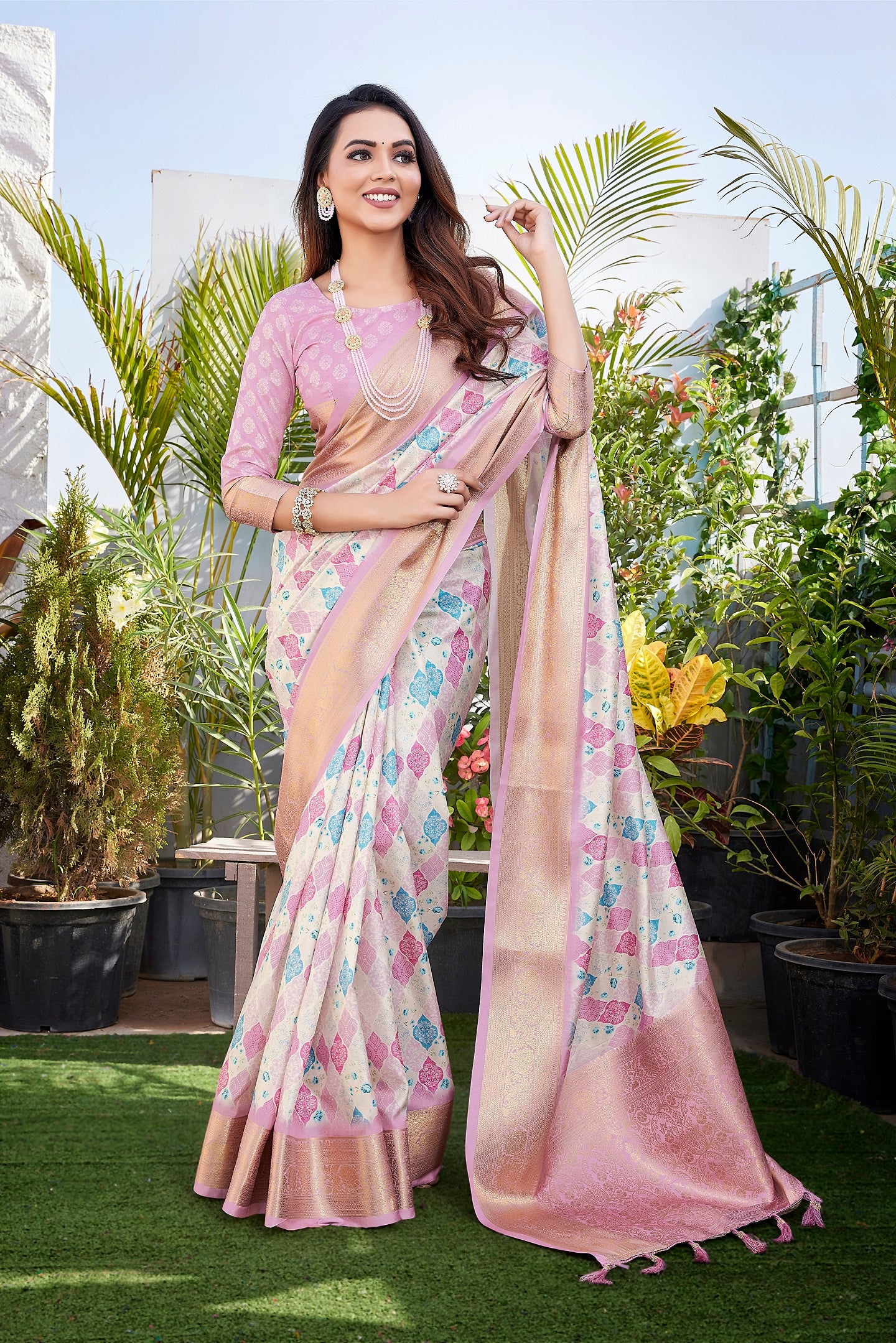 Women Party Wear Printed Dola Silk Saree with Un Stitched Blouse