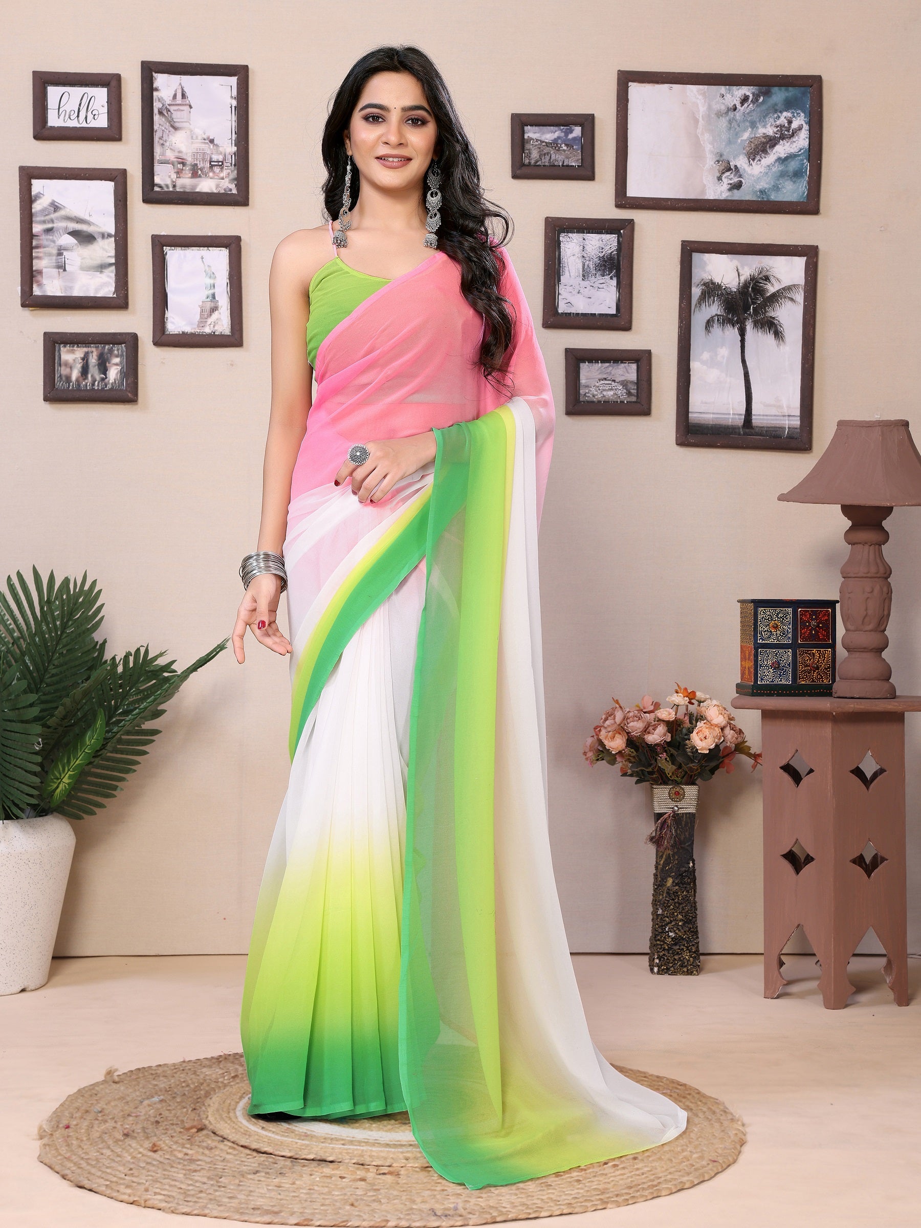 Women Party Wear Printed Georgette Ready to Wear Saree with Un Stitched Blouse