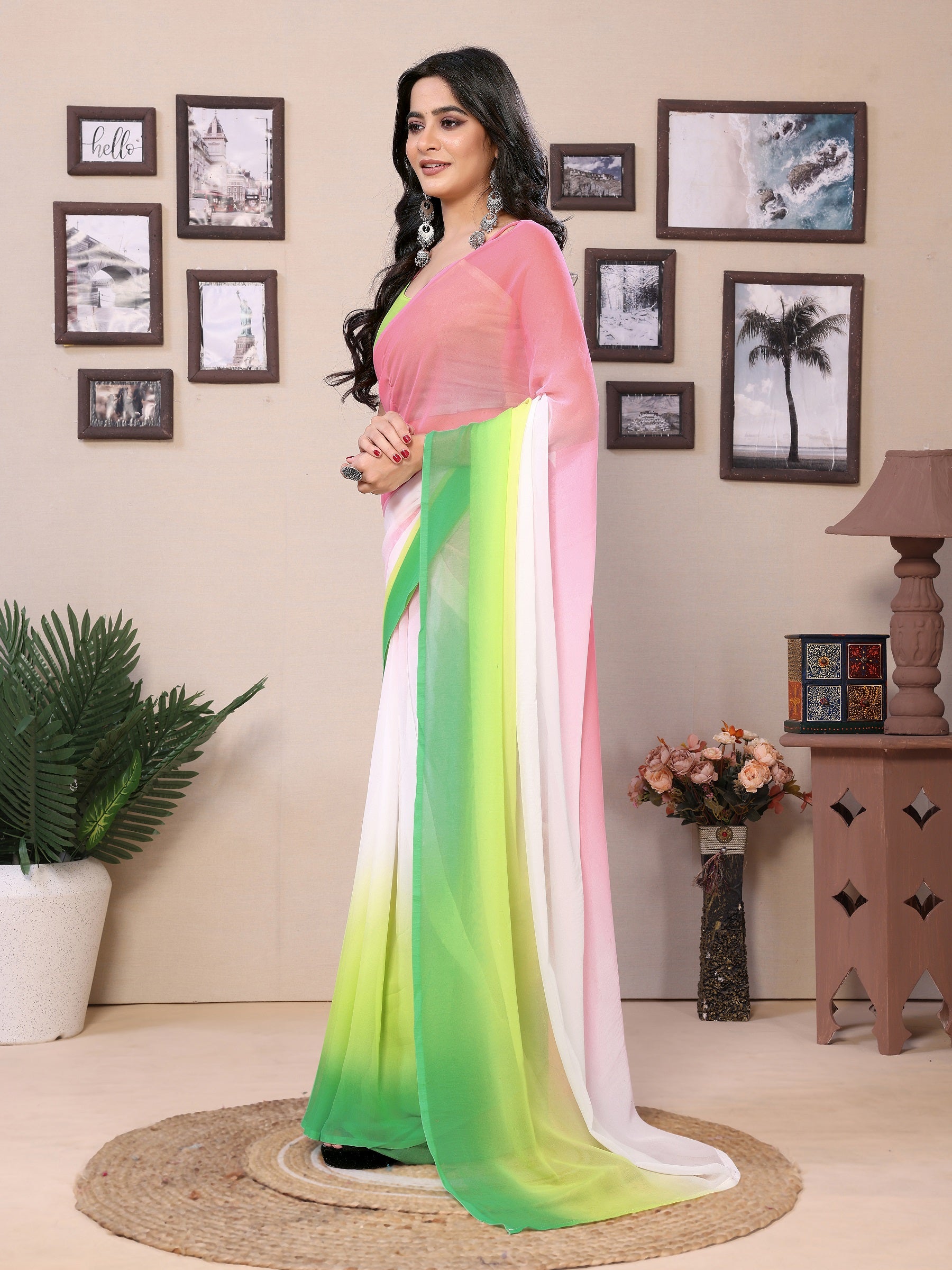 Women Party Wear Printed Georgette Ready to Wear Saree with Un Stitched Blouse