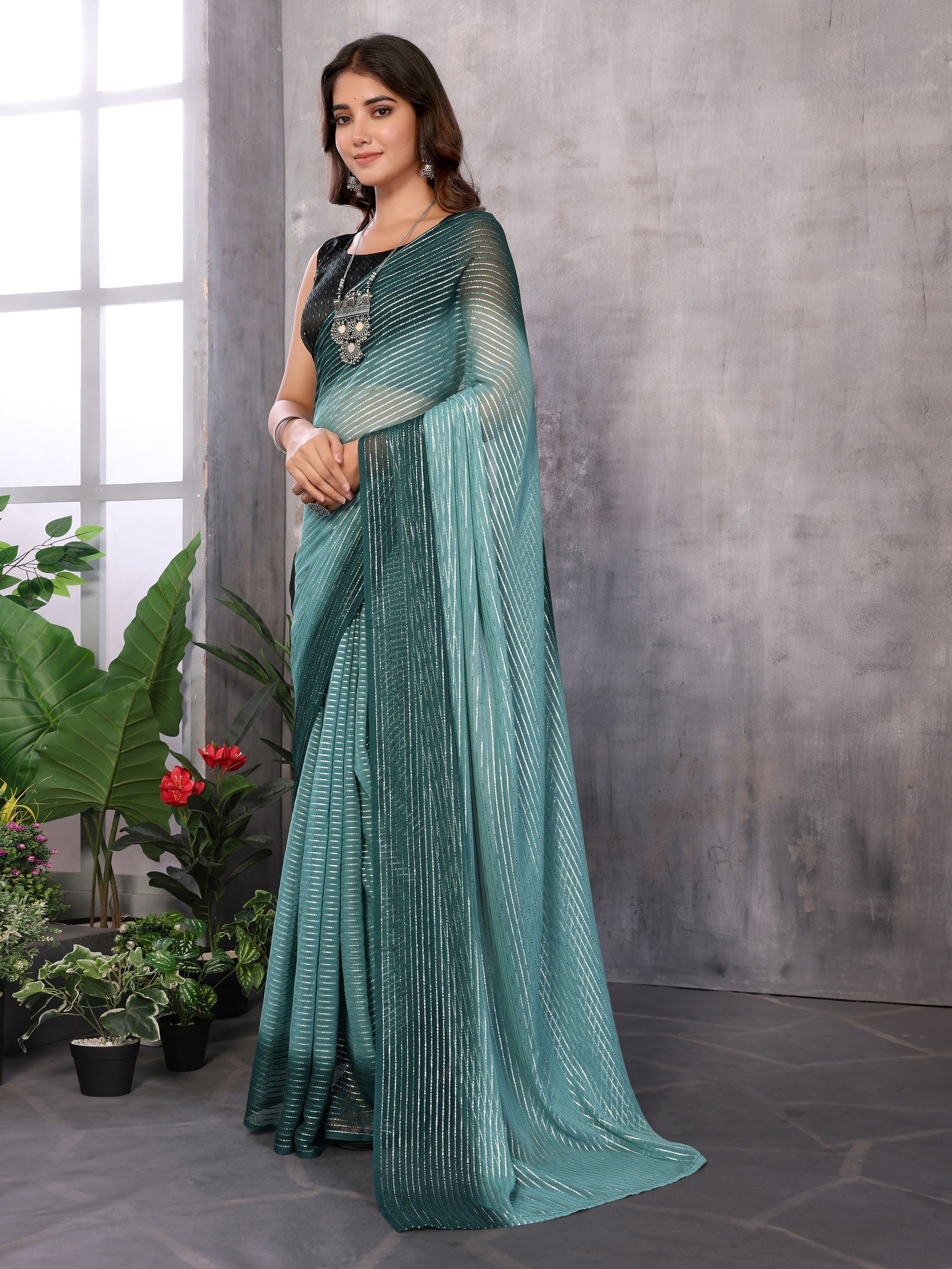 Women Party Wear Jari Weaving Worked Ready To Wear Saree With Un Stitched Blouse(Up To 44)