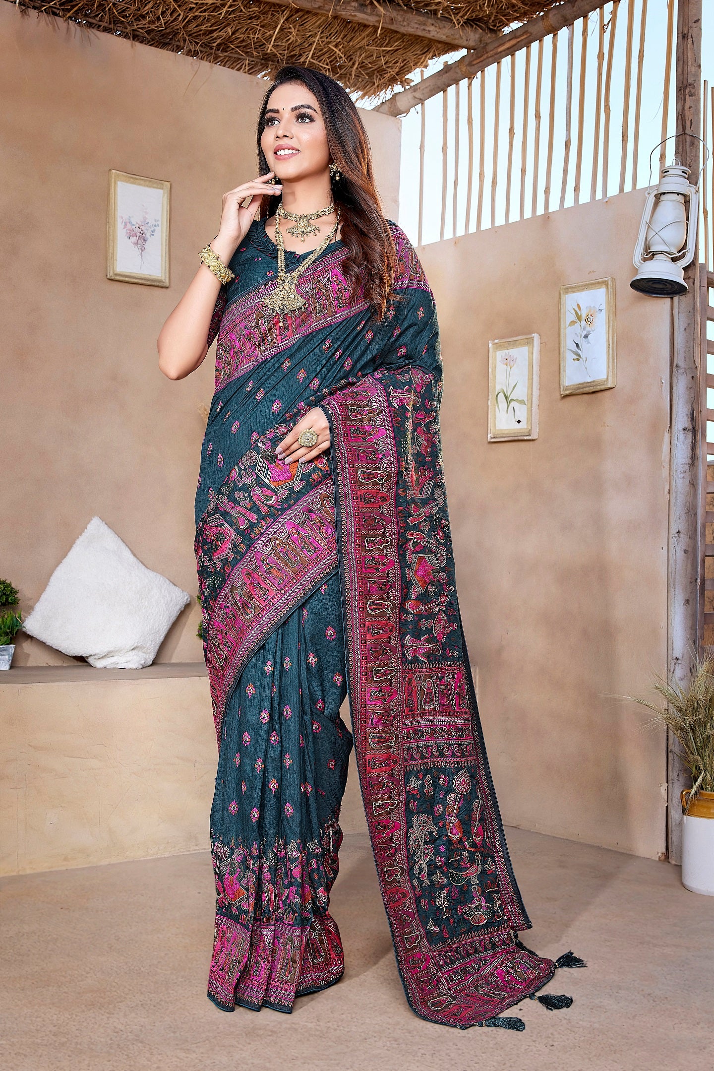 Women Wedding Wear Jaquard Weaving Worked Pure Pasmina Saree with Un Stitched Blouse
