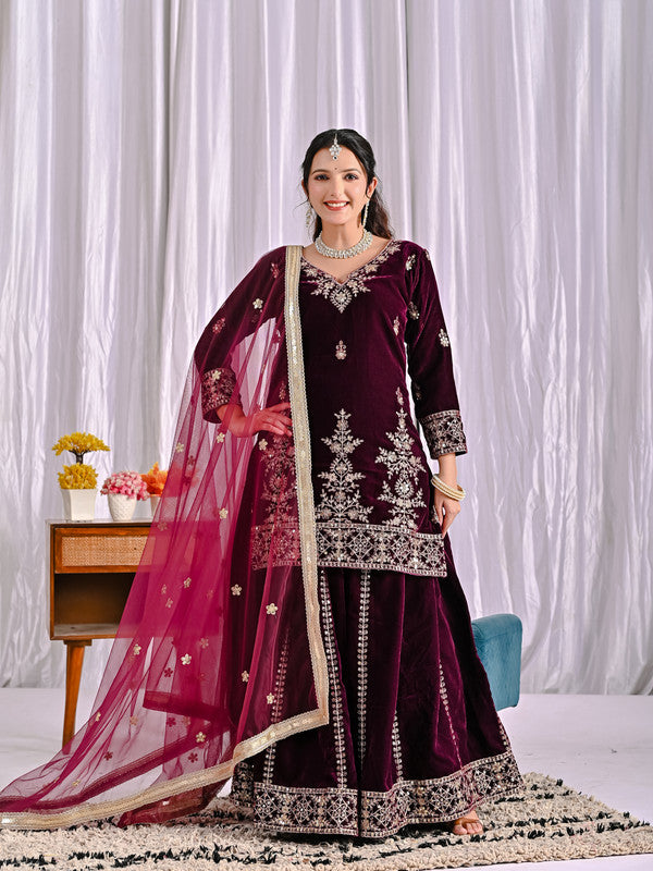 WOMEN WINE VISCOS VELVET Heavy Embroidery SUIT SET