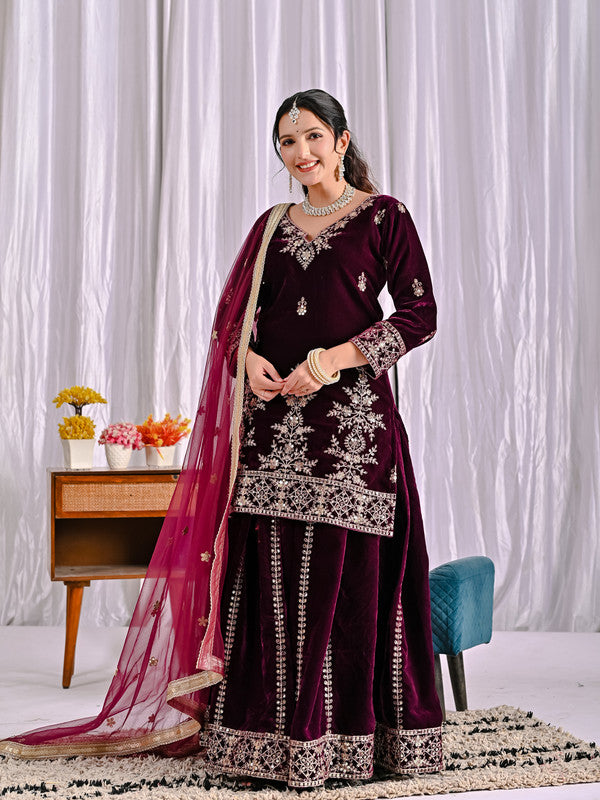 WOMEN WINE VISCOS VELVET Heavy Embroidery SUIT SET