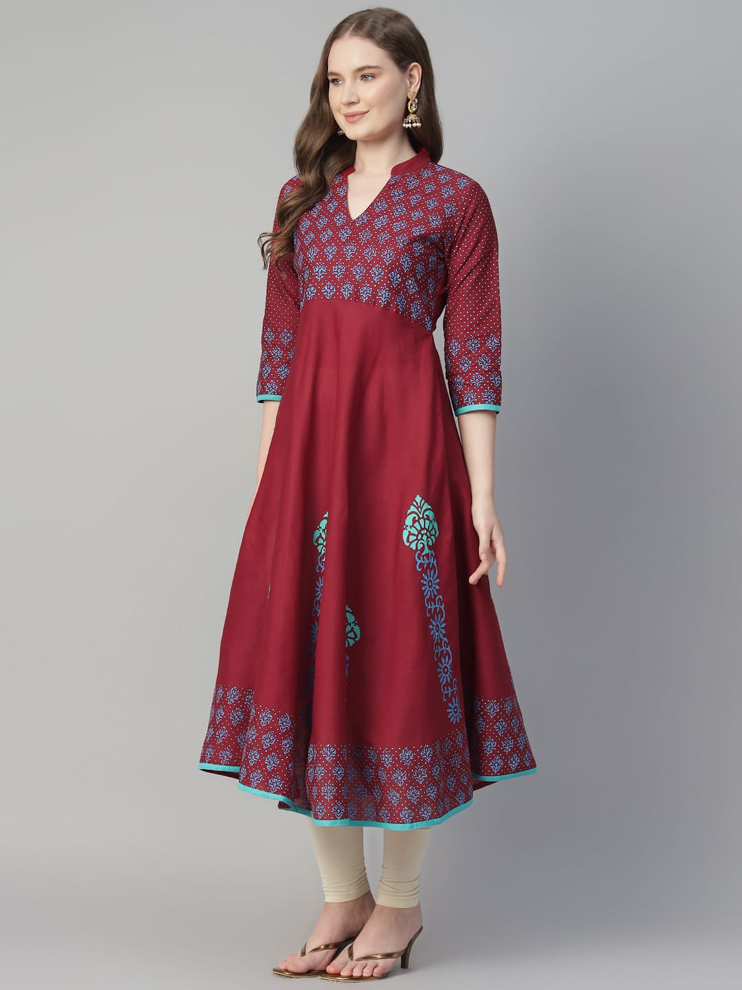 Women Maroon Cotton Printed Anarkali Kurti