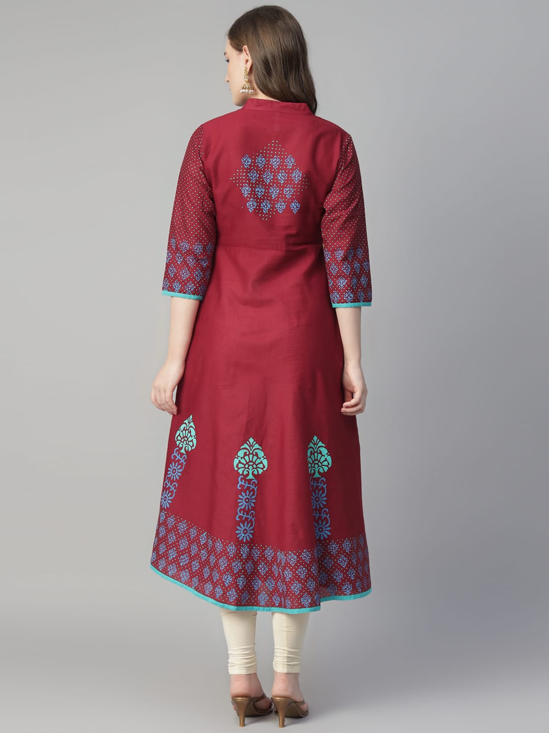 Women Maroon Cotton Printed Anarkali Kurti