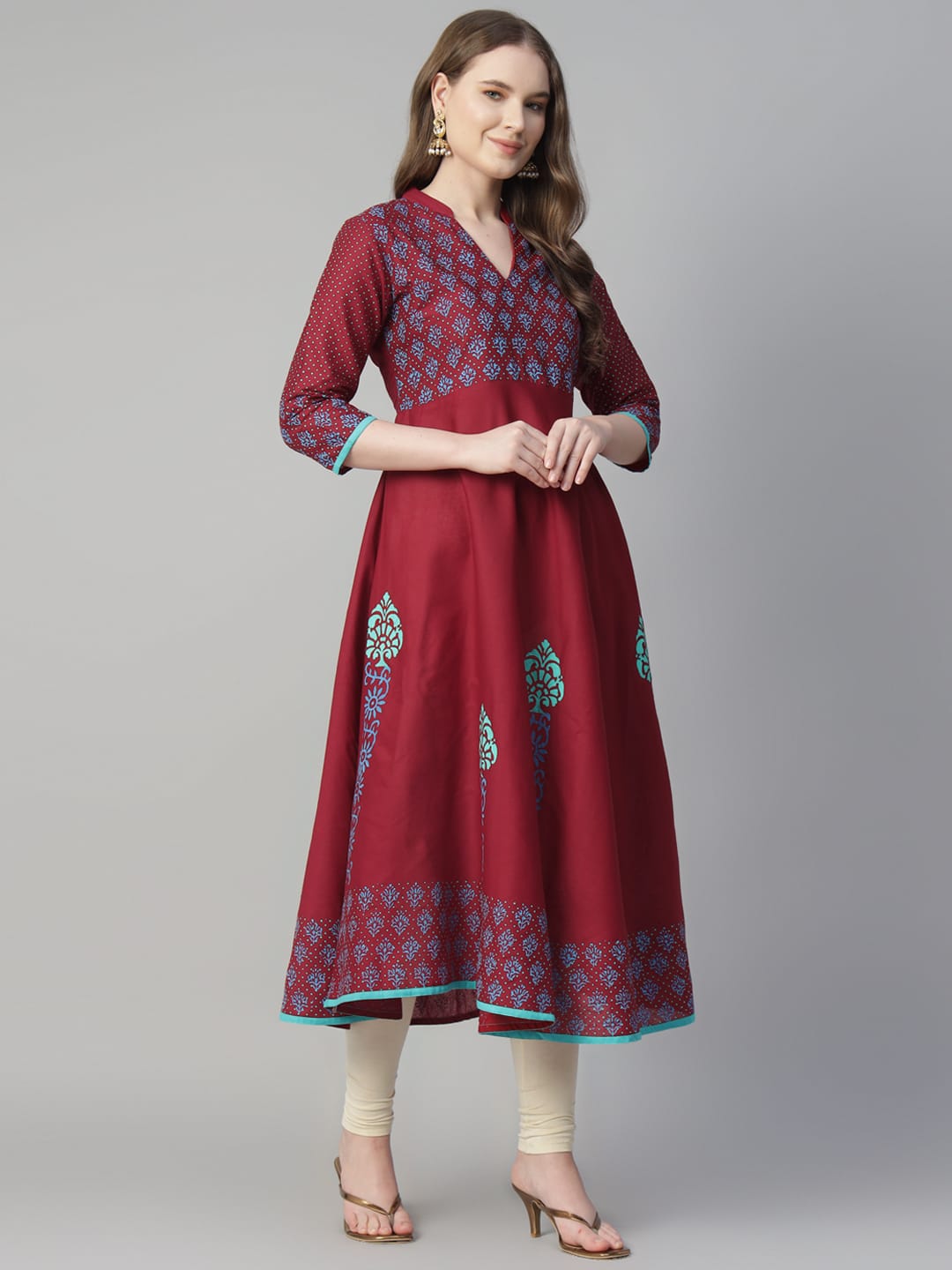 Women Maroon Cotton Printed Anarkali Kurti