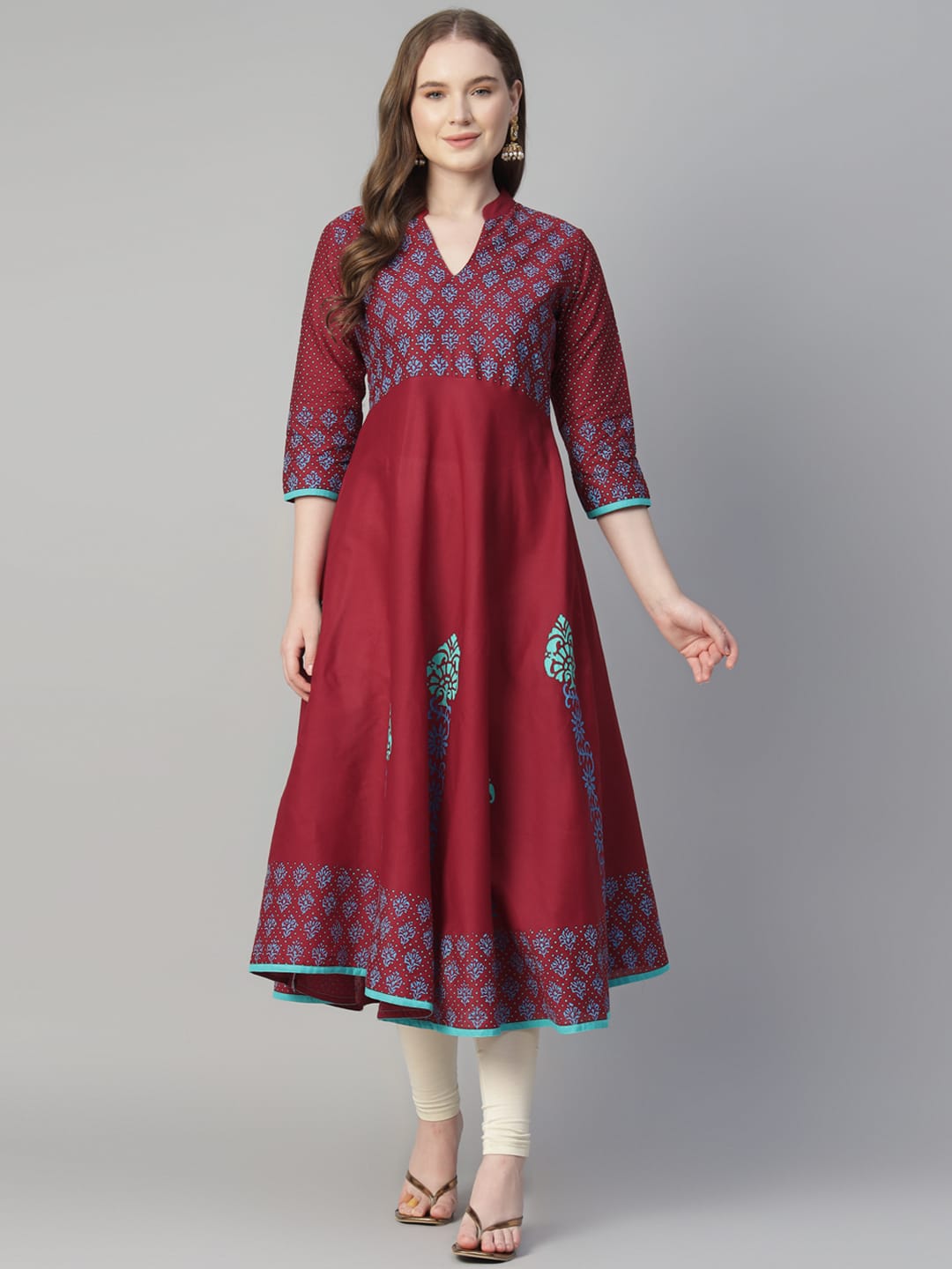 Women Maroon Cotton Printed Anarkali Kurti