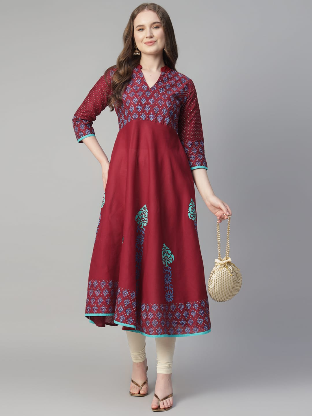 Women Maroon Cotton Printed Anarkali Kurti