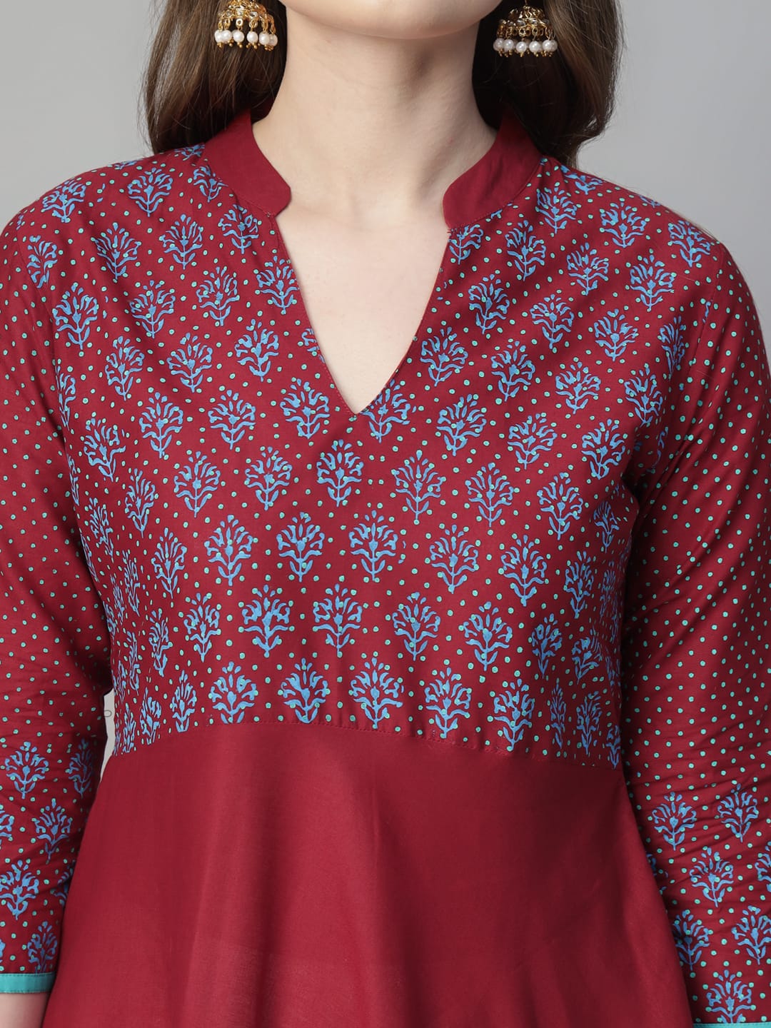 Women Maroon Cotton Printed Anarkali Kurti