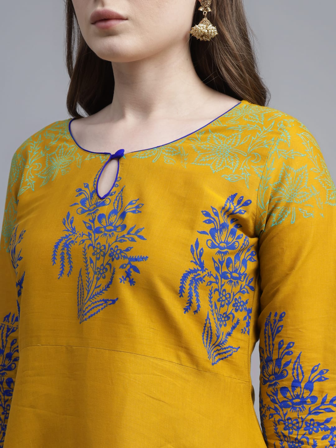 Women Mustard Cotton Printed Anarkali Kurti