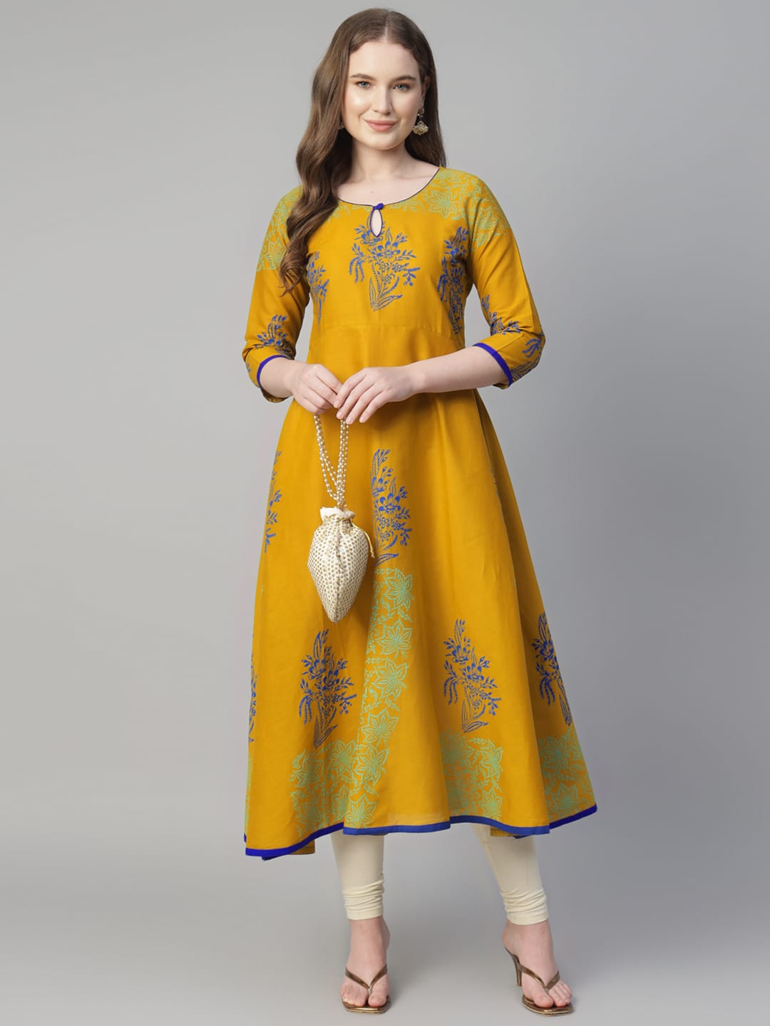 Women Mustard Cotton Printed Anarkali Kurti