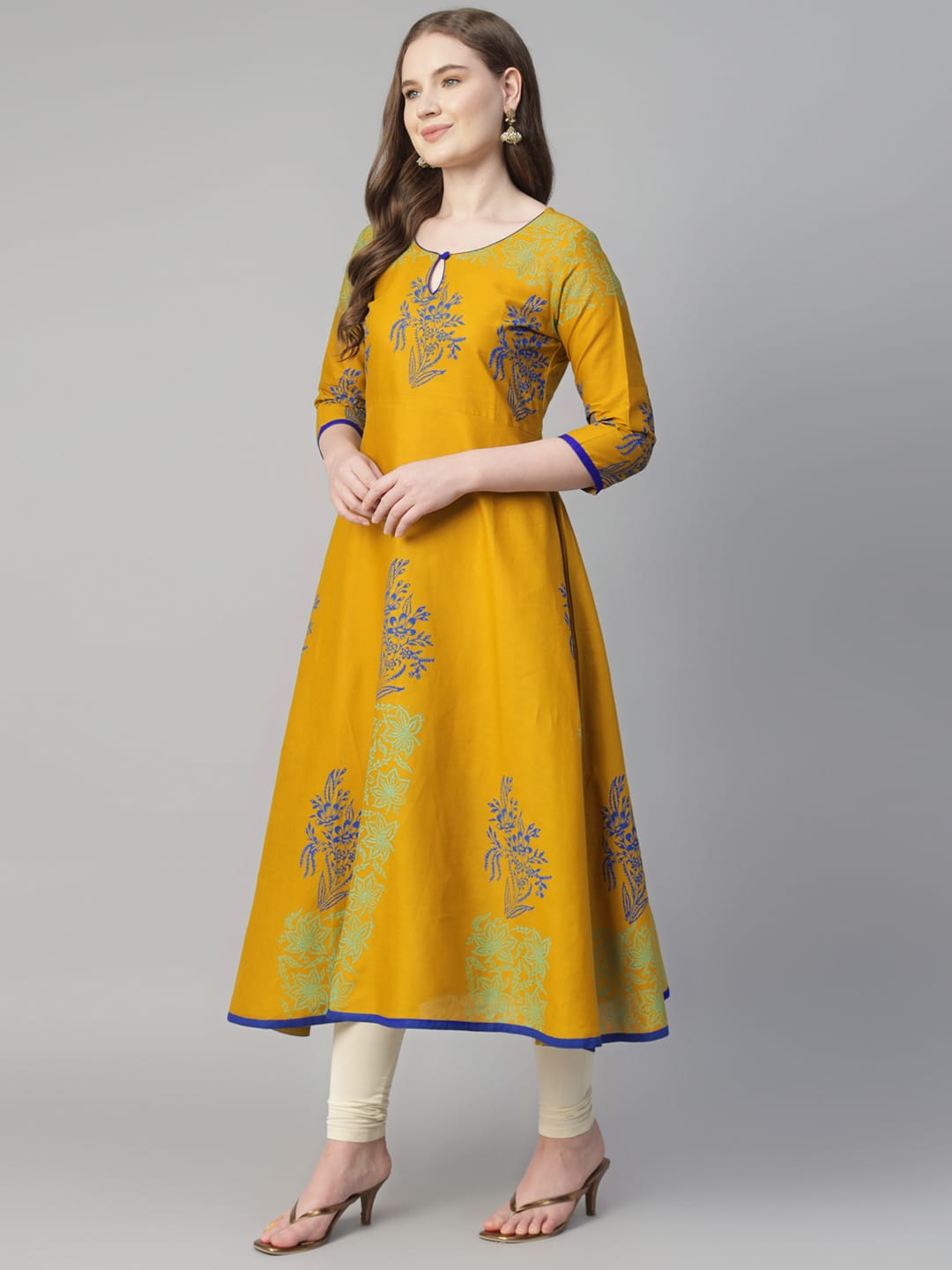 Women Mustard Cotton Printed Anarkali Kurti