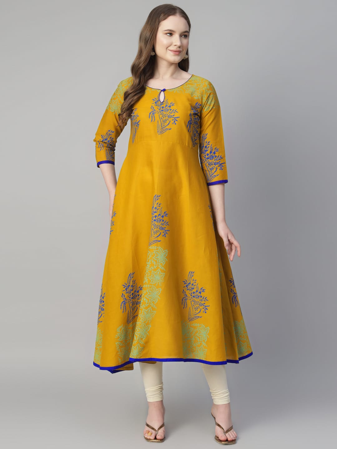 Women Mustard Cotton Printed Anarkali Kurti