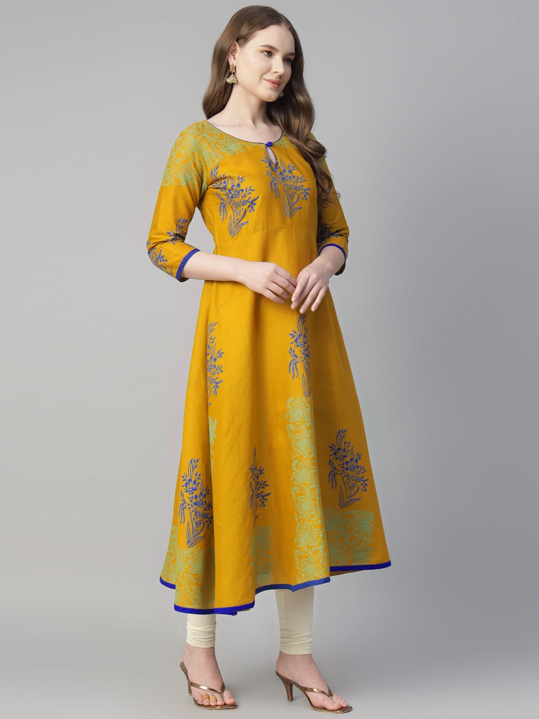 Women Mustard Cotton Printed Anarkali Kurti