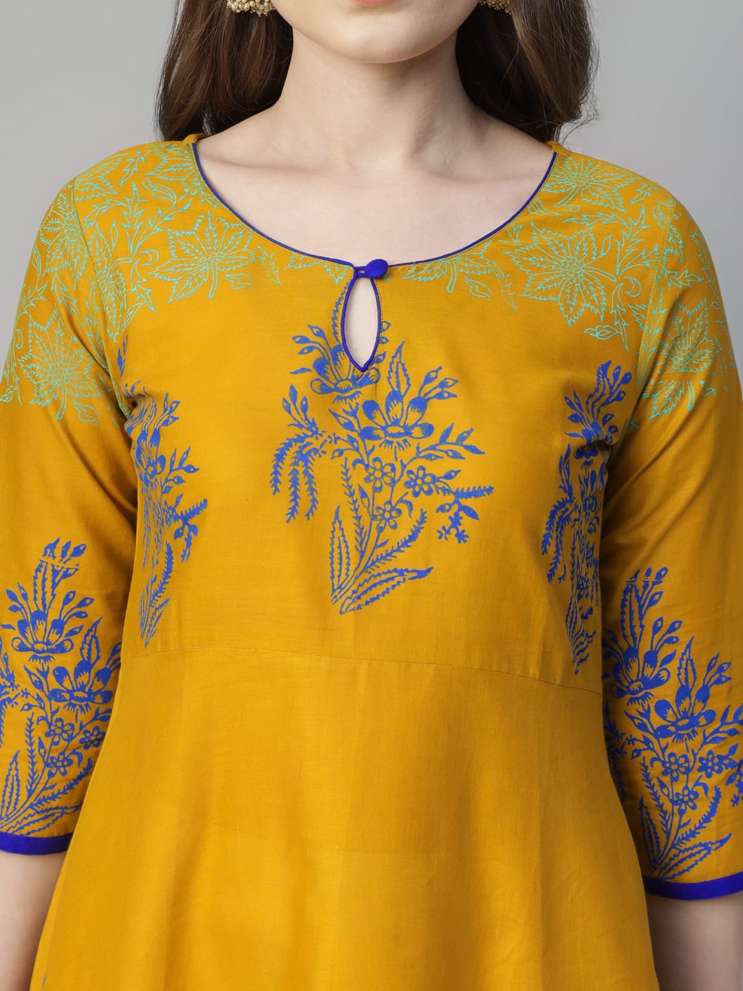 Women Mustard Cotton Printed Anarkali Kurti