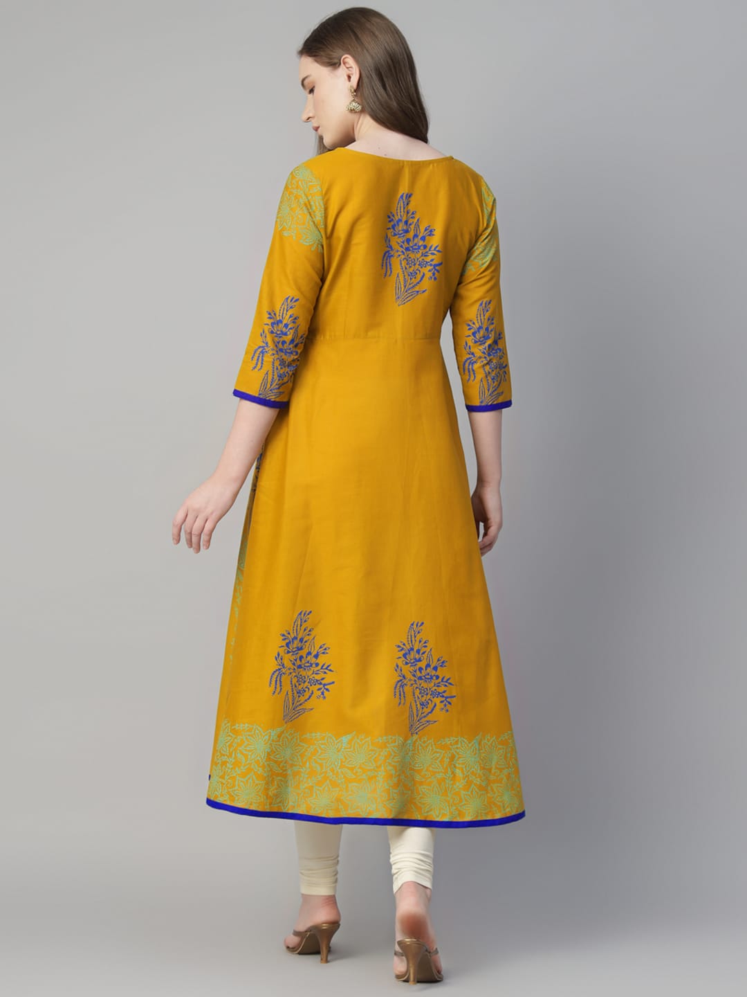 Women Mustard Cotton Printed Anarkali Kurti