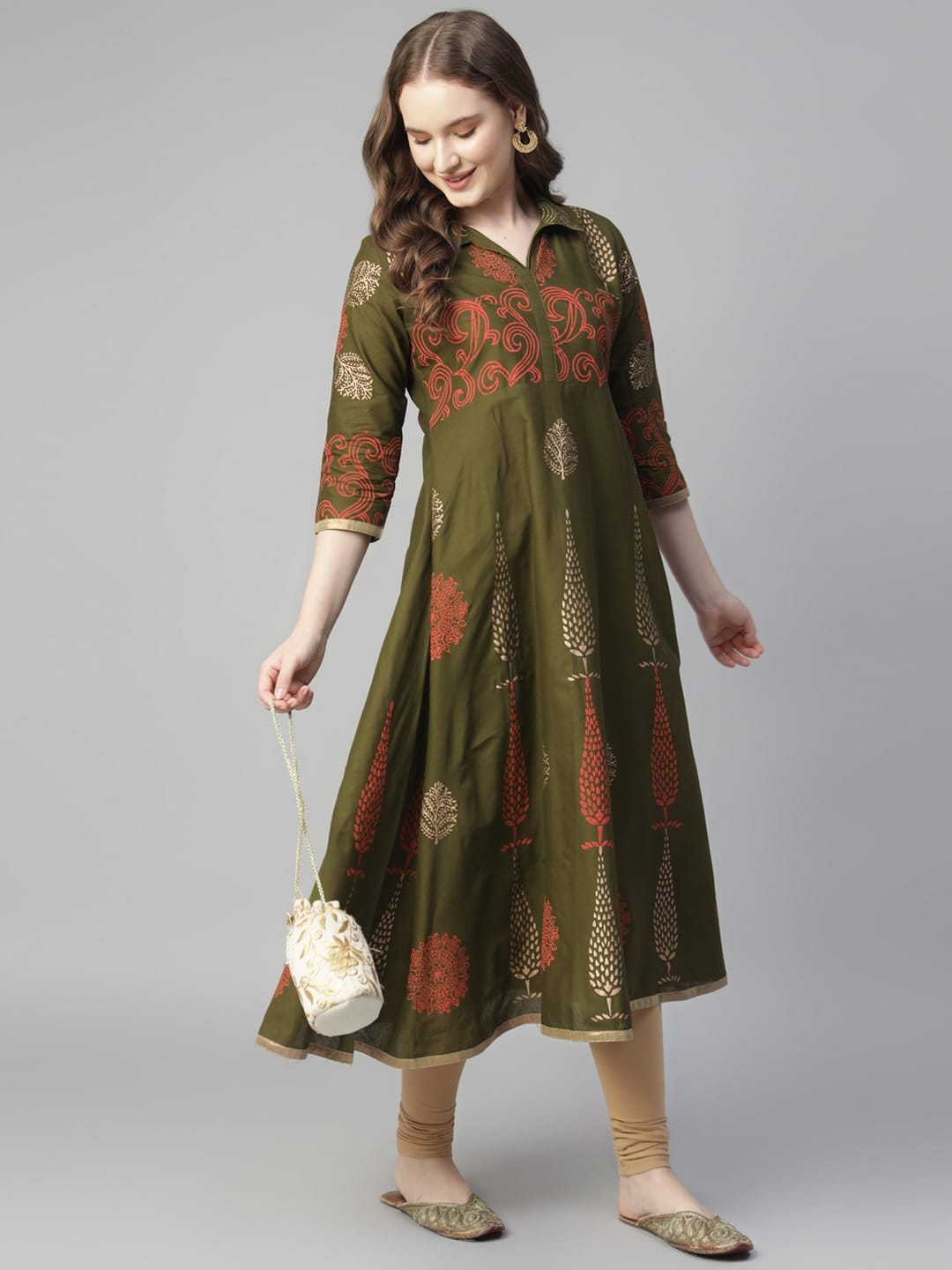 Women Olive Green Cotton Printed Anarkali Kurti