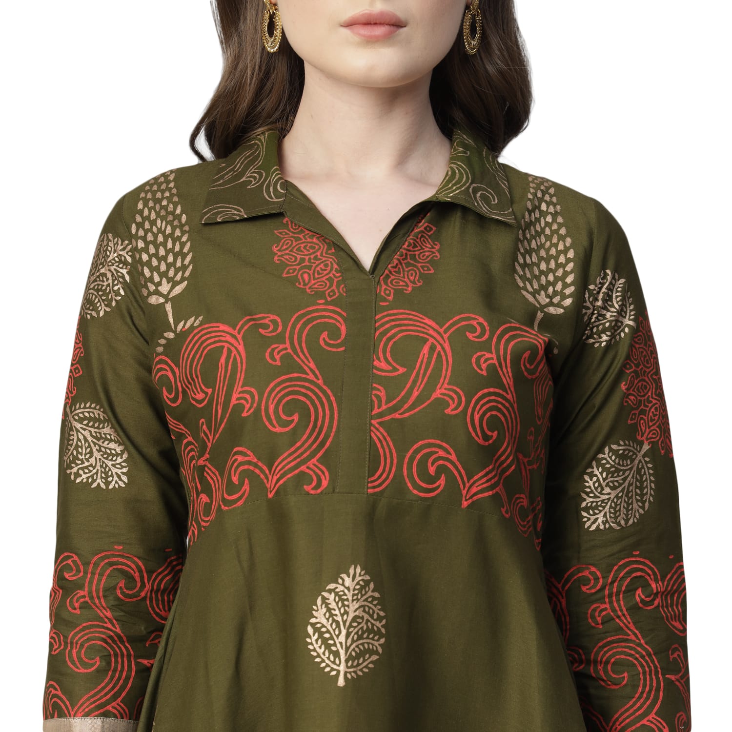 Women Olive Green Cotton Printed Anarkali Kurti