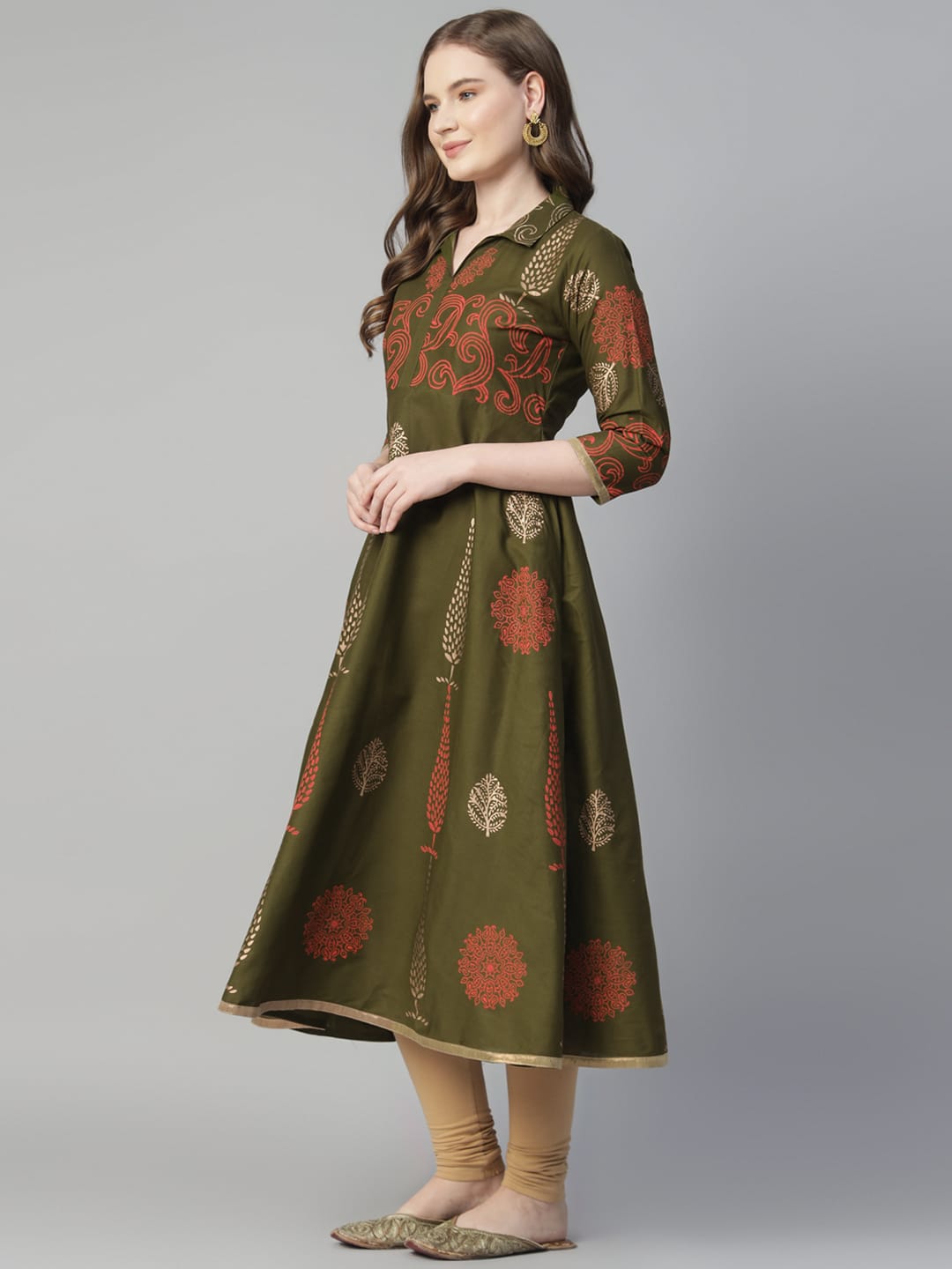 Women Olive Green Cotton Printed Anarkali Kurti