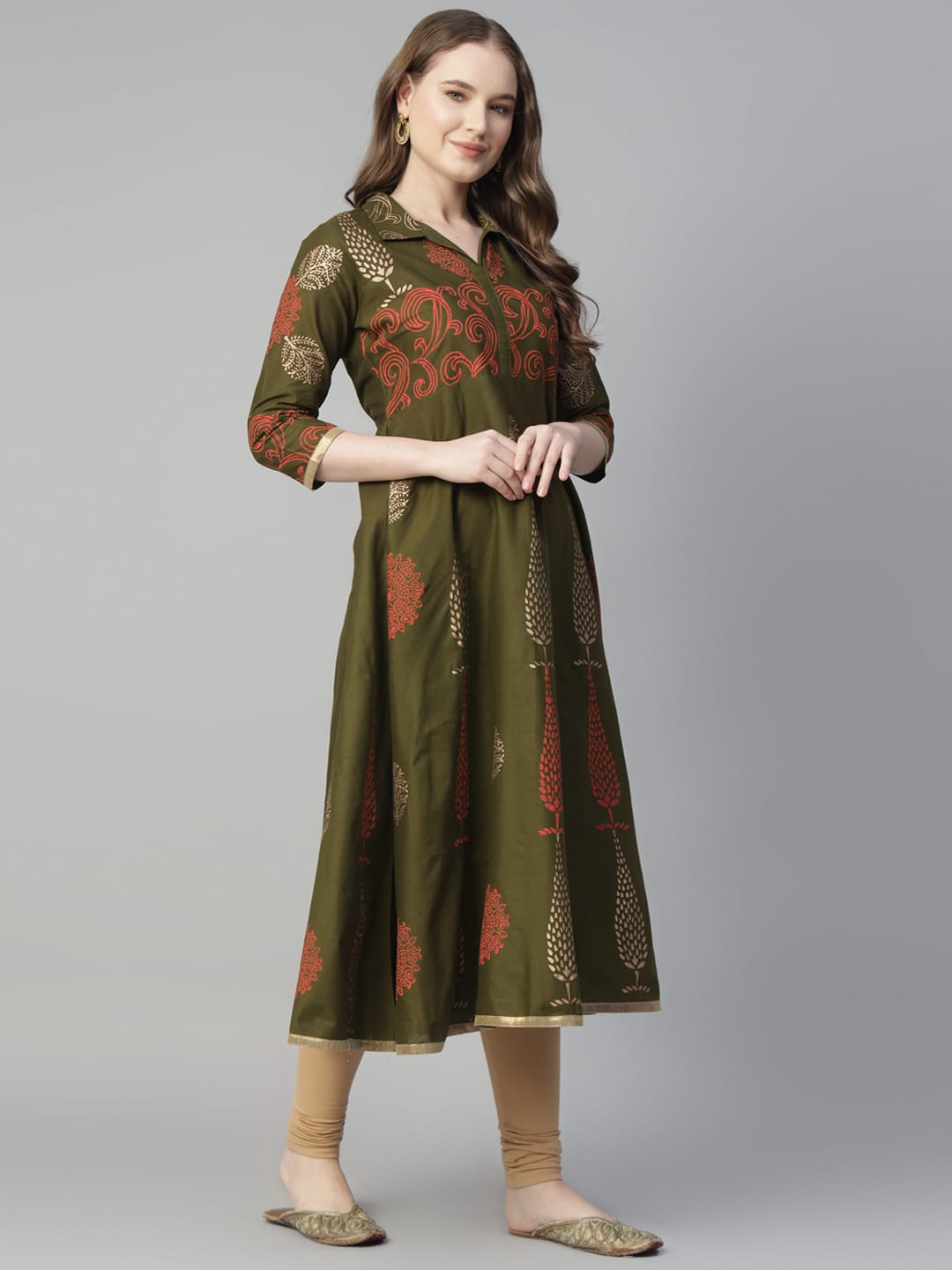 Women Olive Green Cotton Printed Anarkali Kurti