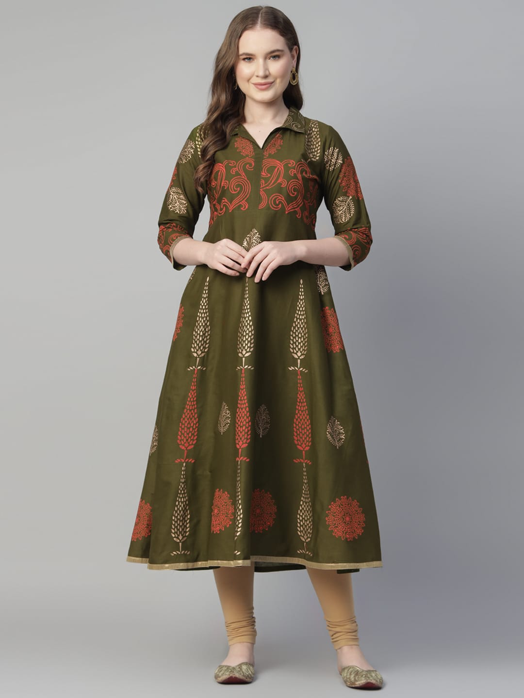 Women Olive Green Cotton Printed Anarkali Kurti