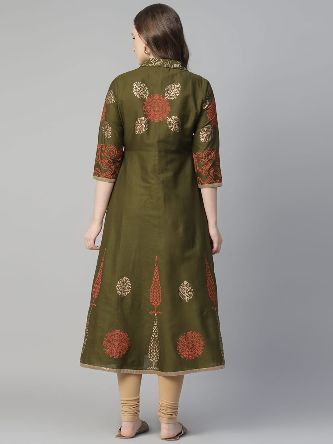 Women Olive Green Cotton Printed Anarkali Kurti