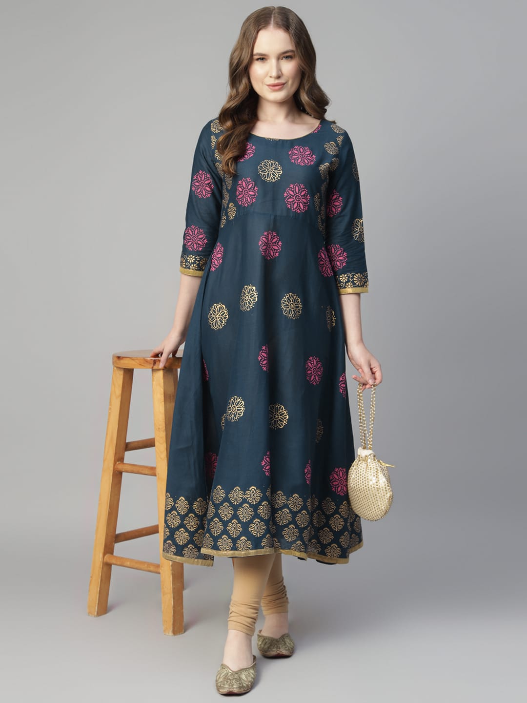 Women Dark Blue Cotton Printed Anarkali Kurti